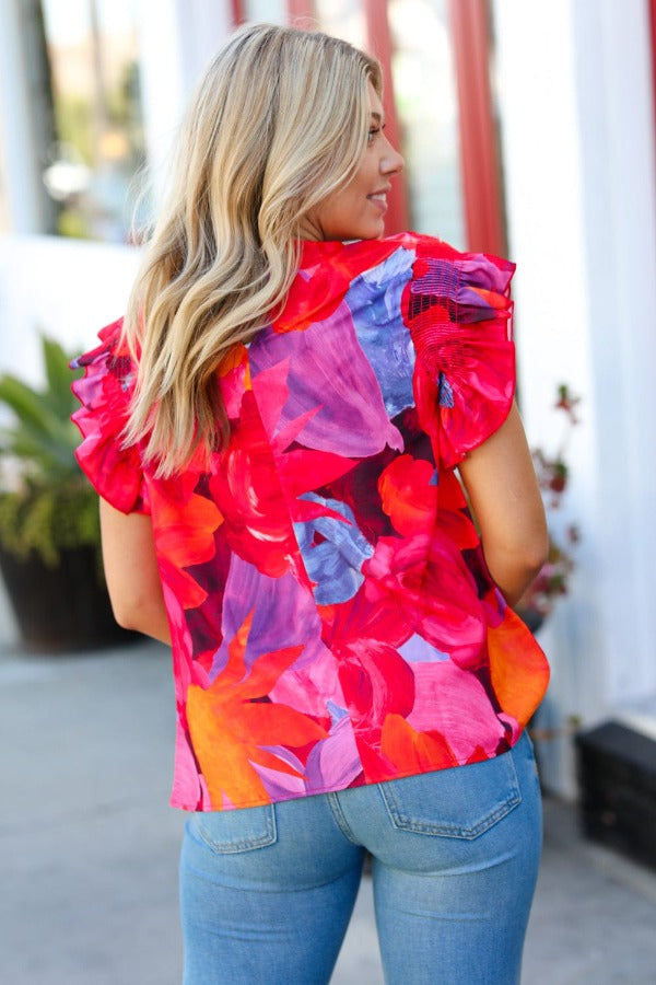 Red & Fuchsia Floral Smocked Ruffle Sleeve Top Haptics