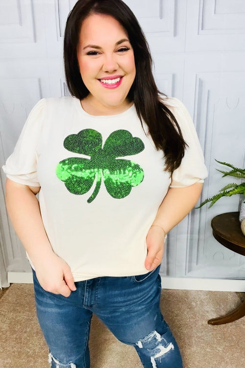 Saint Patty Sequin Clover French Terry Puff Sleeve Top Haptics
