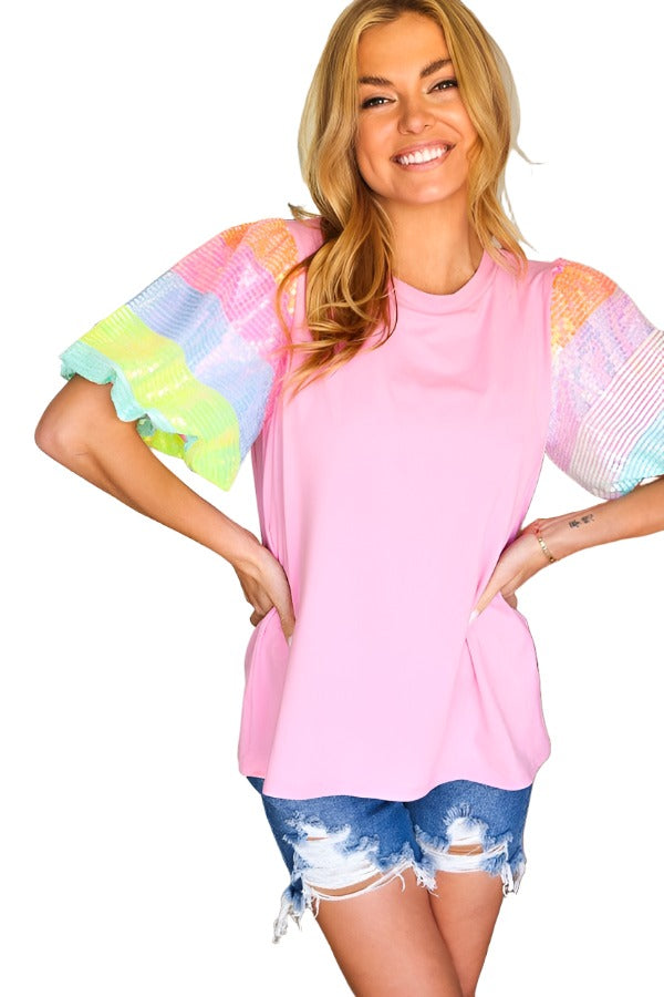 Stand Out Pink Rainbow Sequin Puff Sleeve Top Haptics