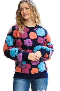 Sweater Feeling Joyful Sherpa Flower Sweater in Navy Small Haptics