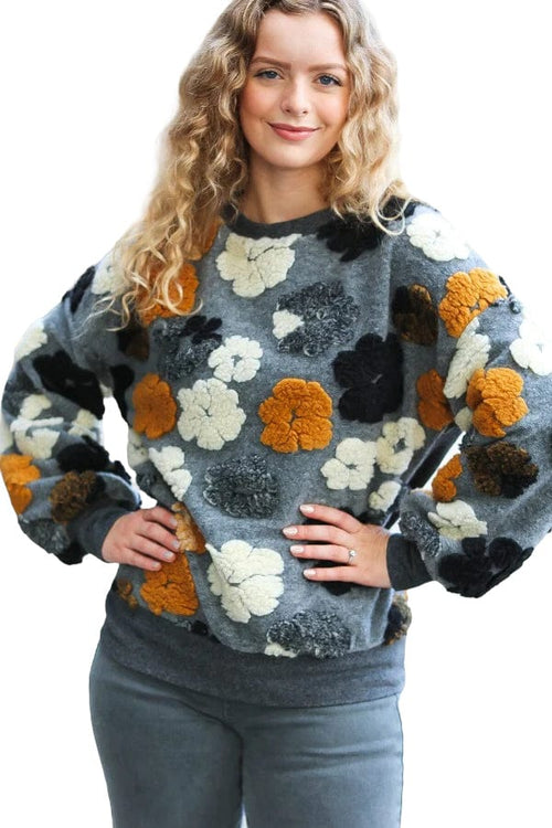 Sweater Grey & Camel Embroidered Sherpa Flower Sweater Small Haptics