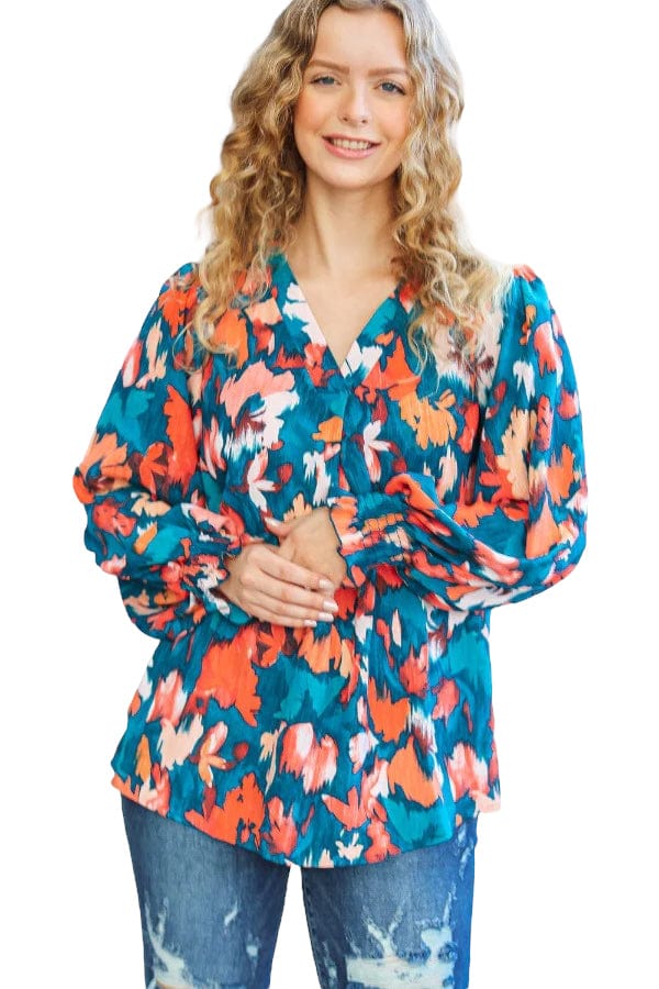 Top All I Ask Teal Floral Abstract Top Haptics