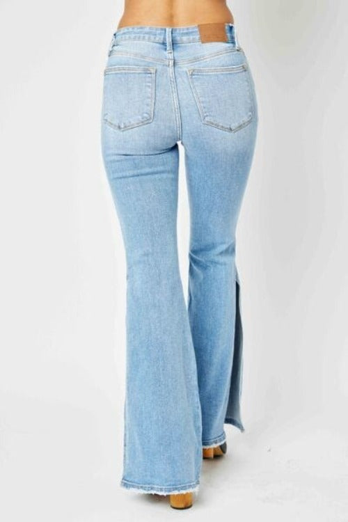 Jeans Judy Blue Full Size Mid Rise Raw Hem Slit Flare Jeans Judy Blue