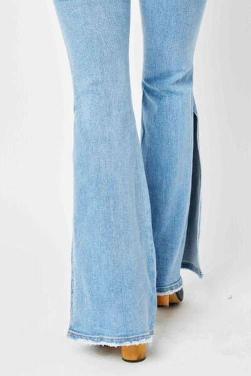 Jeans Judy Blue Full Size Mid Rise Raw Hem Slit Flare Jeans Judy Blue