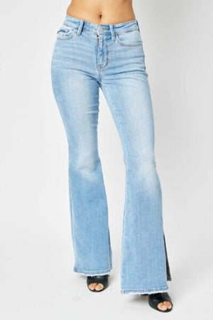 Jeans Judy Blue Full Size Mid Rise Raw Hem Slit Flare Jeans Medium / 1(25) Judy Blue