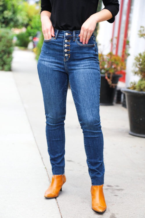 Stand Out Dark Denim High Rise Skinny Fit Button Fly Jeans Judy Blue
