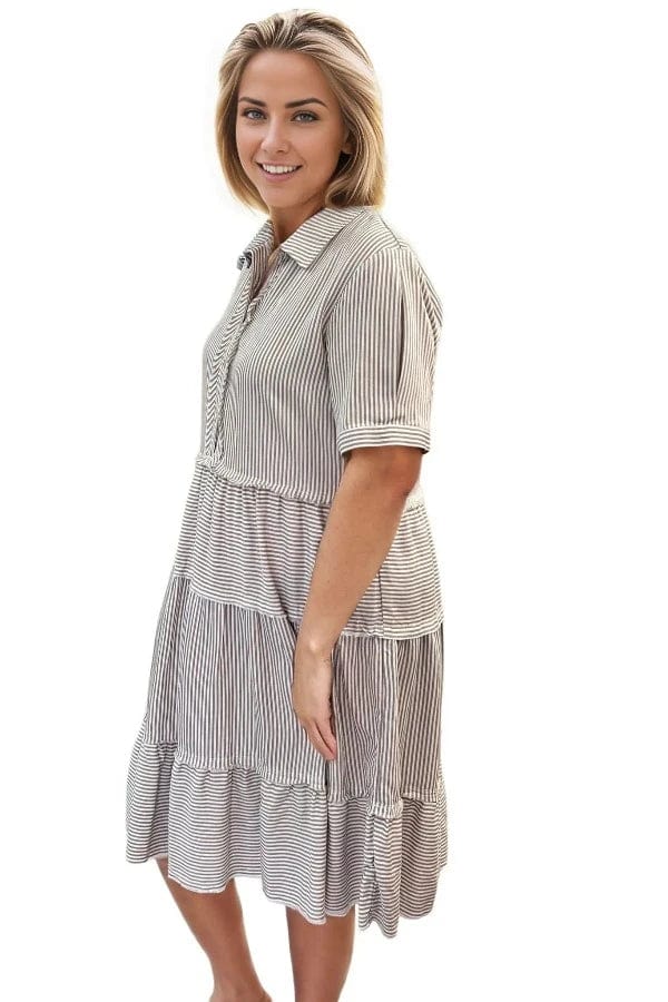 Dress Multiples Tiered Striped Dress In Stone Multiples Clothing Co.