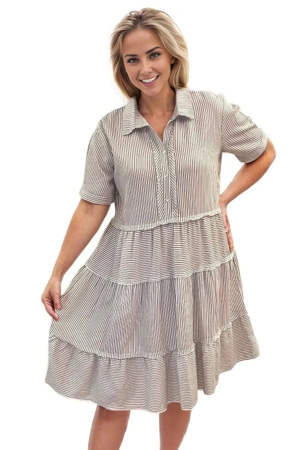 Dress Multiples Tiered Striped Dress In Stone S / Stone Multiples Clothing Co.