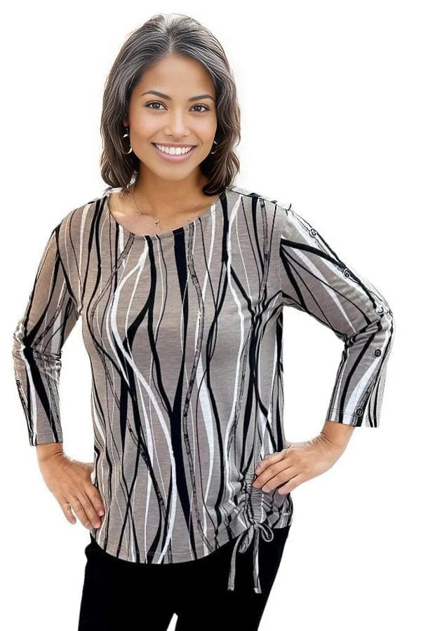 top Multiples Drawstring Strip Top in Mocha Multiples Clothing Co.