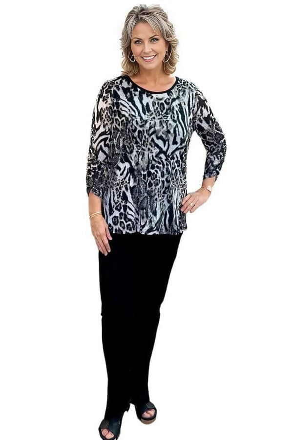top Multiples Drawstring Stripe Top in Stone and Black Multiples Clothing Co.