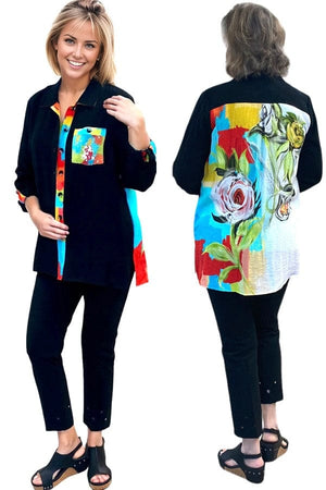 top Multiples Floral Back Button Shirt in Black Multiples Clothing Co.