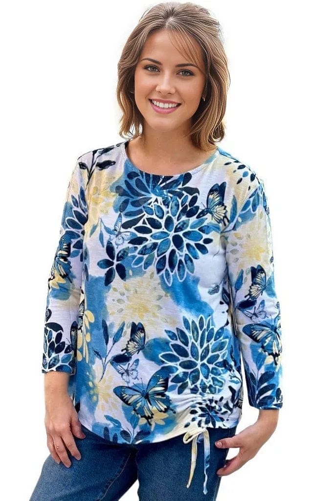 top Multiples Floral Drawstring Top in Blue Multiples Clothing Co.