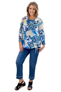 top Multiples Floral Drawstring Top in Blue Multiples Clothing Co.