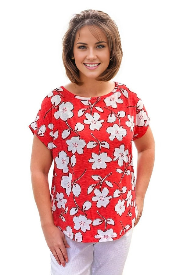 top Multiples Foral Pull Over Top In Coral Multiples Clothing Co.
