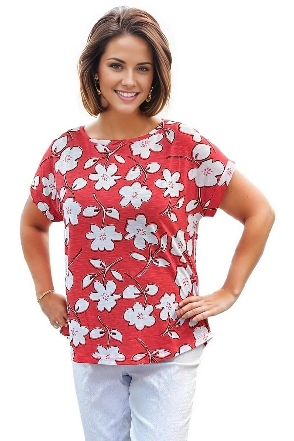 top Multiples Foral Pull Over Top In Coral Multiples Clothing Co.