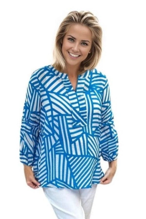 top Multiples Geometrich Print Top In Turquoise & White Multiples Clothing Co.