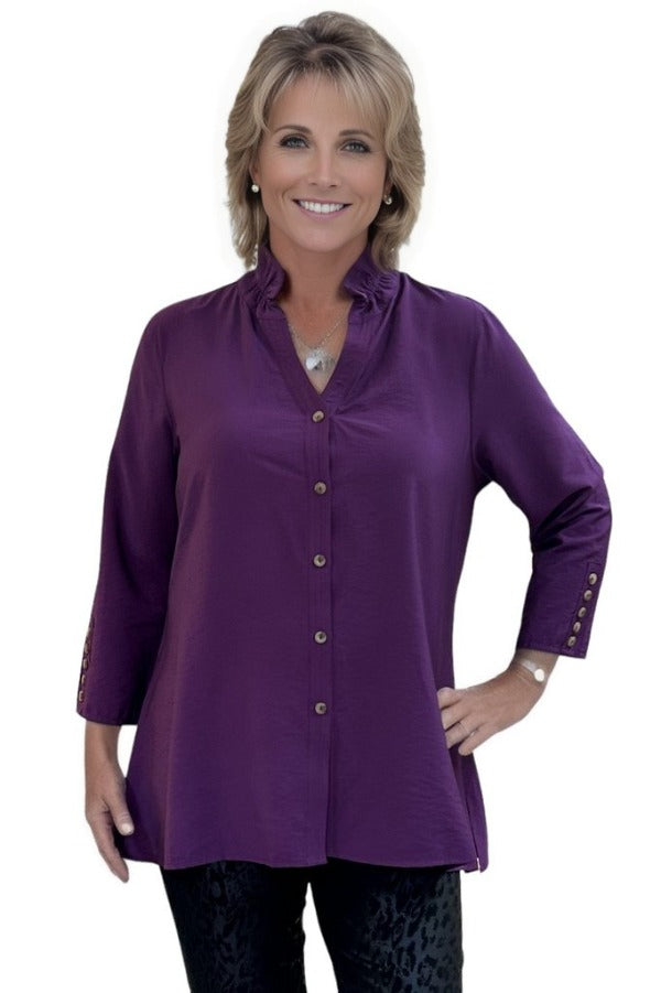 Top Multiples Wire Collar Button Shirt In Eggplant Multiples Clothing Co.