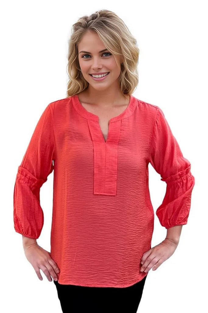 top Multiples Y Neck Pullover Top in Coral Multiples Clothing Co.