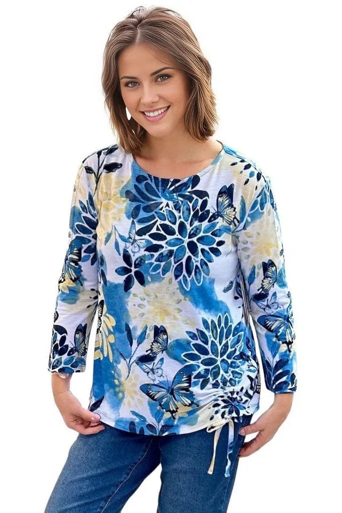 top Multiples Floral Drawstring Top in Blue S / Blue Multiples Clothing Co.