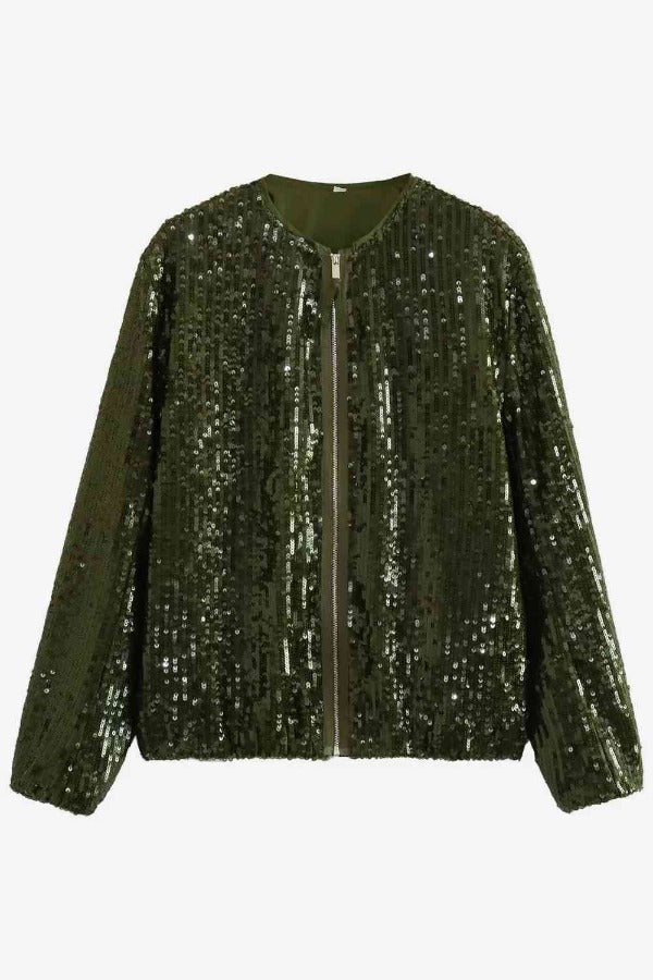 Sequin Zip-Up Jacket Army Green / S Trendsi