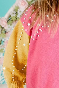 BiBi Color Block Pearl Decor Cropped Sweater Trendsi