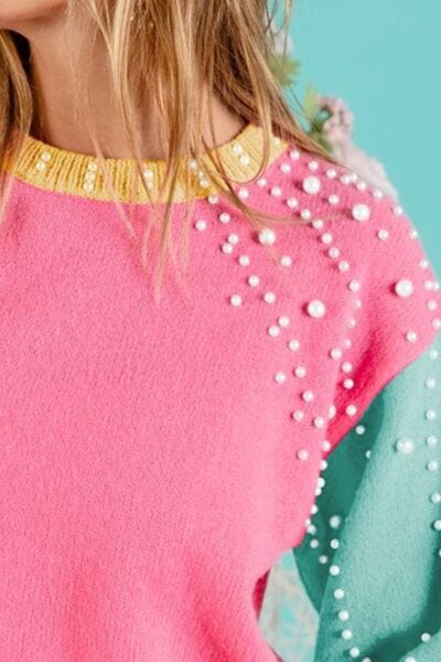 BiBi Color Block Pearl Decor Cropped Sweater Trendsi