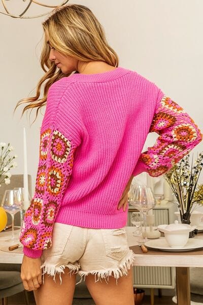 BiBi V-Neck Crochet Long Sleeve Sweater Trendsi
