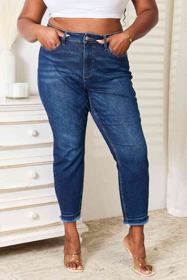 Bottoms Judy Blue Full Size High Waist Released Hem Slit Jeans Dark / 0(24) Trendsi