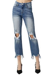 Bottoms RISEN Jeans High Waist Distressed Cropped Straight Jeans MEDIUM Denim / 0 Trendsi