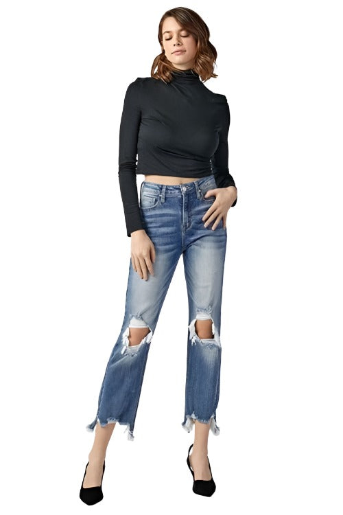 Bottoms RISEN Jeans High Waist Distressed Cropped Straight Jeans Trendsi