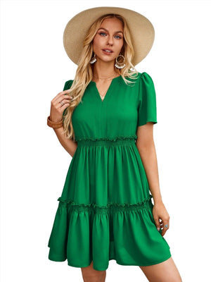 Frill Notched Short Sleeve Mini Dress Dark Green / S Trendsi