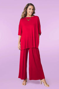 Double Take Full Size Round Neck Slit Top and Pants Set Trendsi