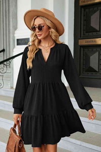 Dress Notched Neck Long Sleeve Mini Dress Black / S Trendsi