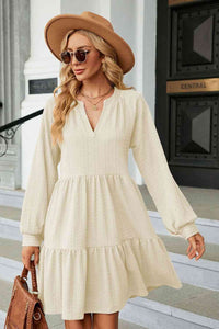 Dress Notched Neck Long Sleeve Mini Dress Cream / S Trendsi