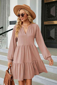 Dress Notched Neck Long Sleeve Mini Dress Dusty Pink / S Trendsi