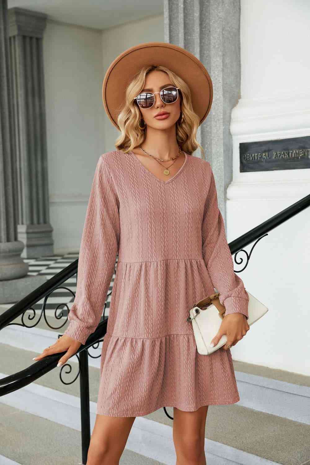 Dress V-Neck Long Sleeve Mini Dress Dusty Pink / S Trendsi