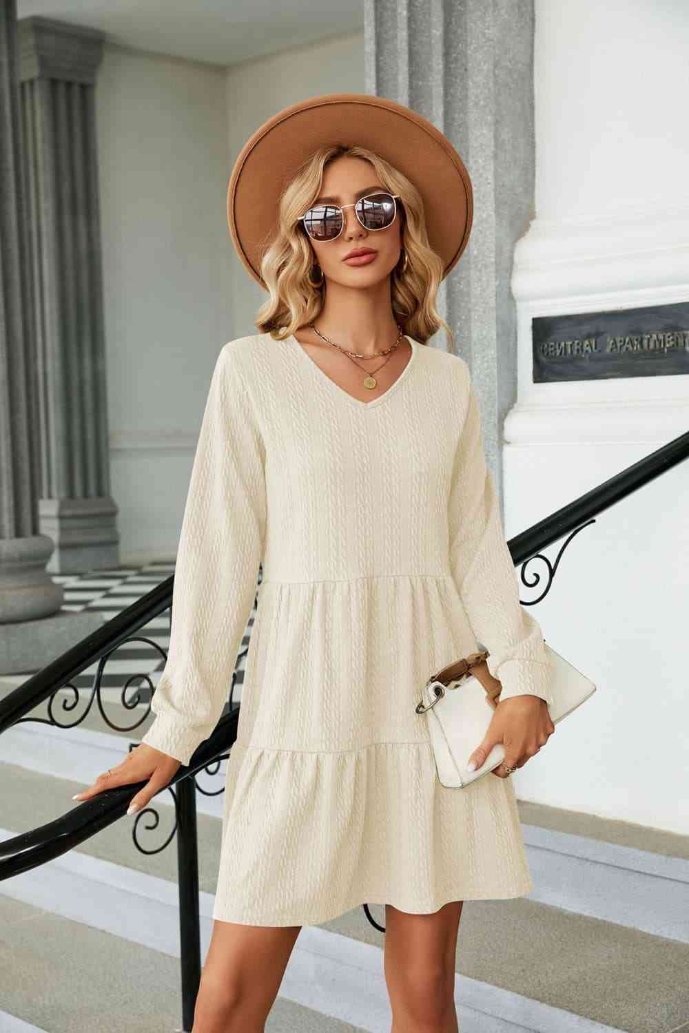 Dress V-Neck Long Sleeve Mini Dress Ivory / S Trendsi