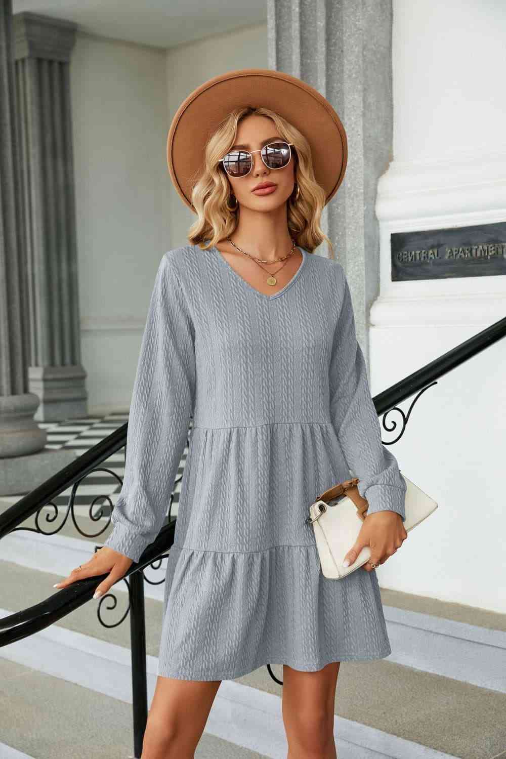 Dress V-Neck Long Sleeve Mini Dress Light Gray / S Trendsi
