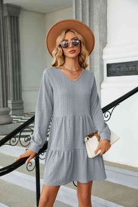 Dress V-Neck Long Sleeve Mini Dress Light Gray / S Trendsi