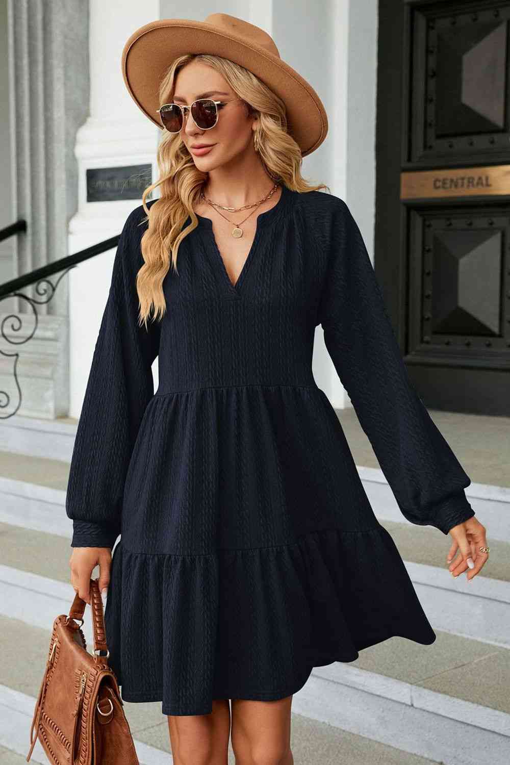 Dress Notched Neck Long Sleeve Mini Dress Navy / S Trendsi