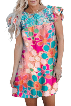 Dress Floral Round Neck Flutter Sleeve Dress in Teal and Pink Teal / S Trendsi