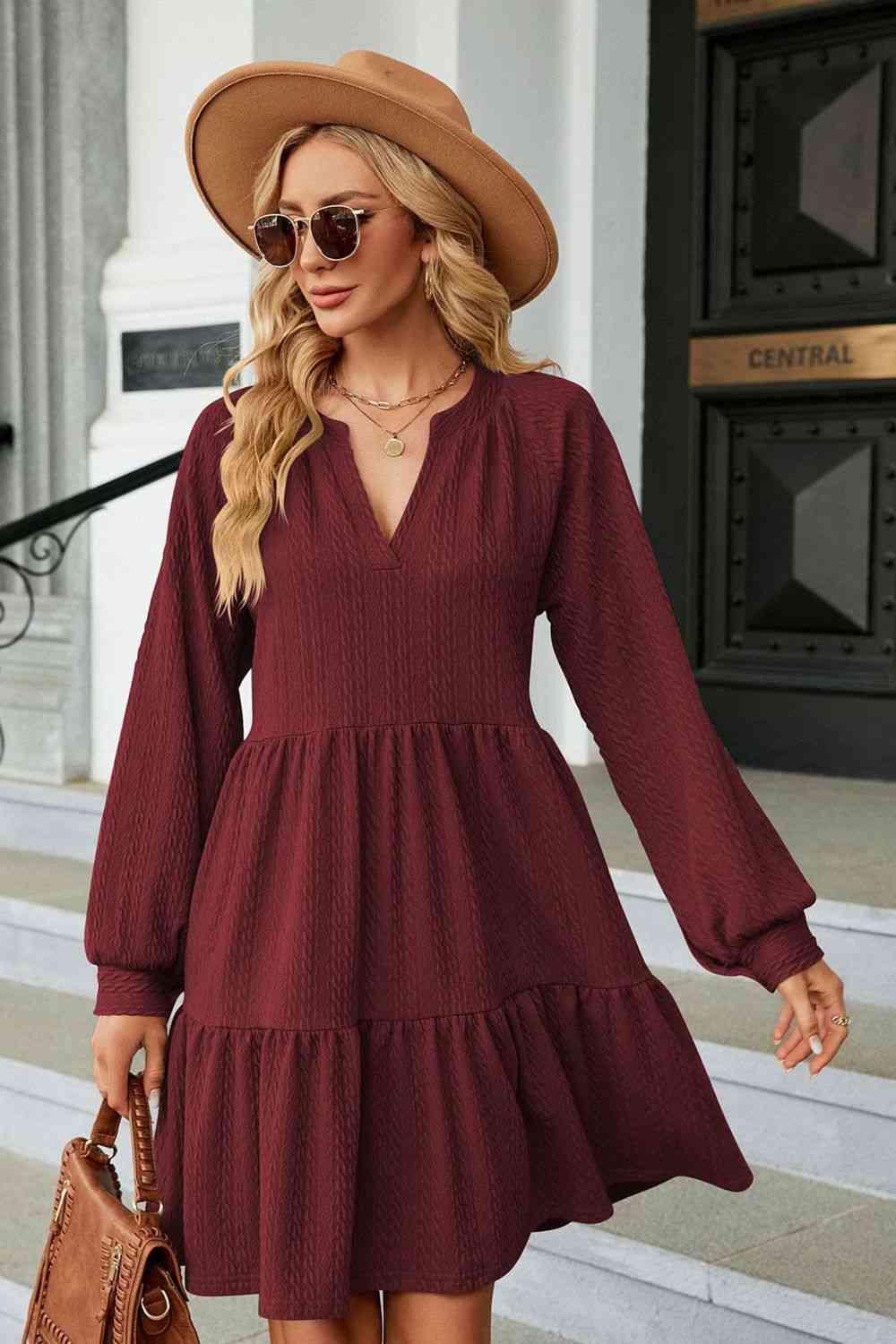 Dress Notched Neck Long Sleeve Mini Dress Wine / S Trendsi