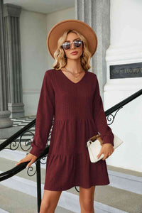 Dress V-Neck Long Sleeve Mini Dress Wine / S Trendsi