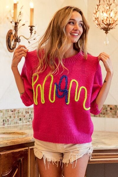 BiBi MOM Contrast Round Neck Sweater FUCHSIA / S Trendsi