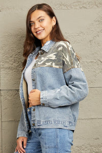 GeeGee Full Size Washed Denim Camo Contrast Jacket Trendsi
