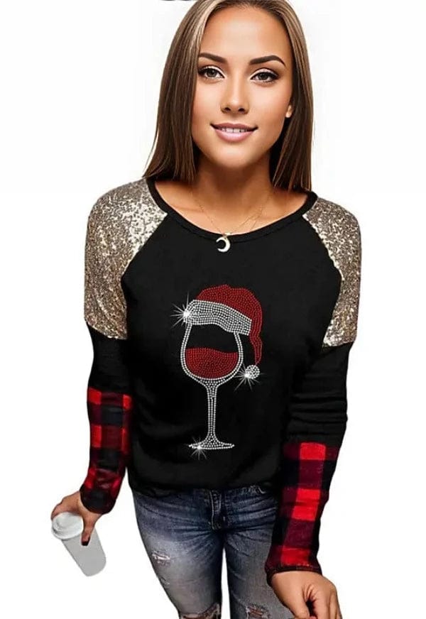 graphic tee Santa Glass Graphic Sequin Long Sleeve T-Shirt Black / M Trendsi