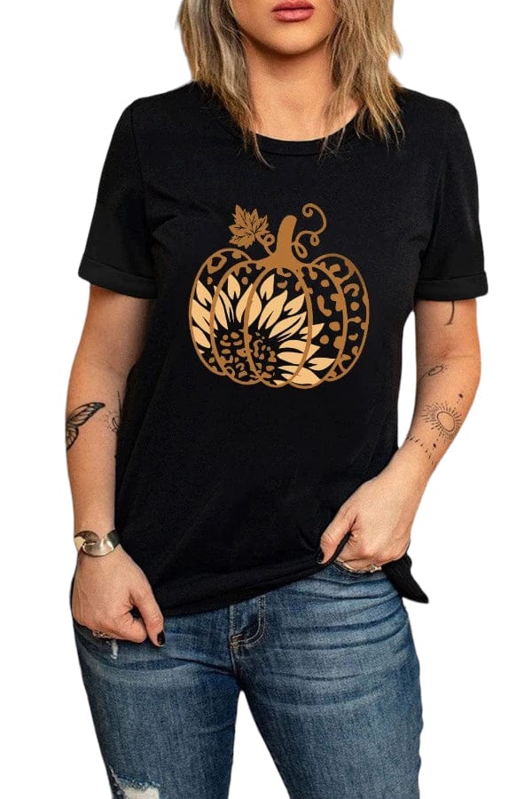graphic tee Short Sleeve Pumpkin Graphic Tee Shirt in Black Trendsi