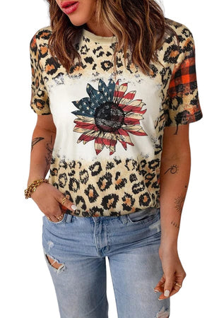 Graphic tees Animal Print Plaid USA Sunflower Bleach Splashed Tee Shirt Leopard / S Trendsi