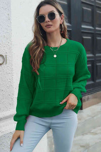 Squared Round Neck Long Sleeve Sweater Green / S Trendsi
