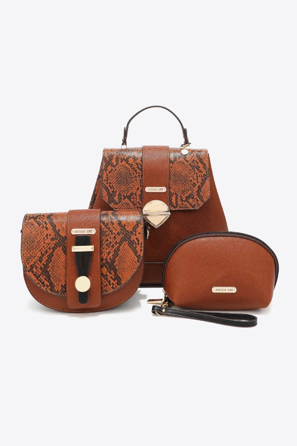 handbag Nicole Lee USA Python 3-Piece Bag Set Brown / One Size Trendsi